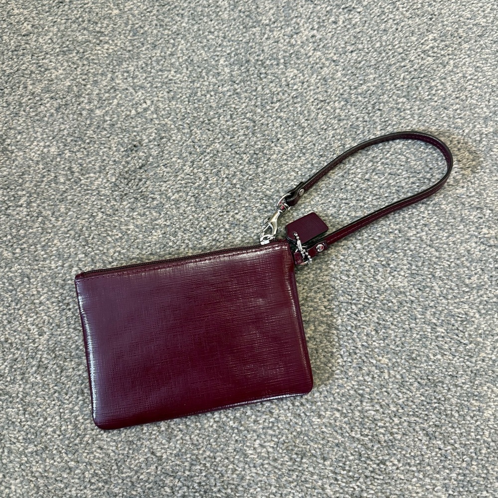 Coach Burgundy Leather Bow Accent Wristlet Bag Zip Closure Silver Hardware Women - Picture 2 of 4